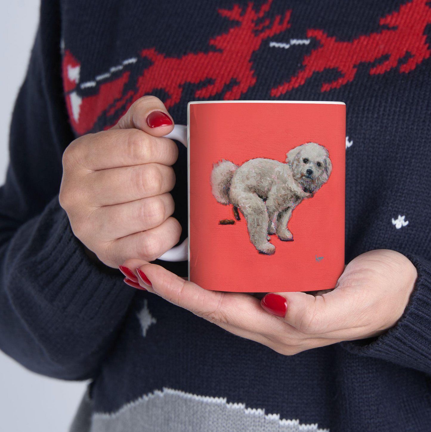 Funny Pooping Bichon Frisé Dog Coffee Mug Red by Raleigh Artist Katie Peña