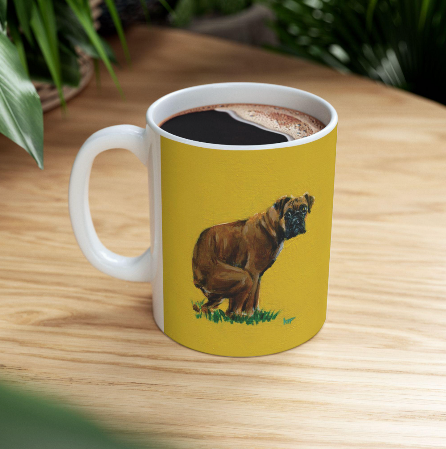 Funny Pooping Boxer Dog Coffee Mug by Raleigh Artist Katie Peña