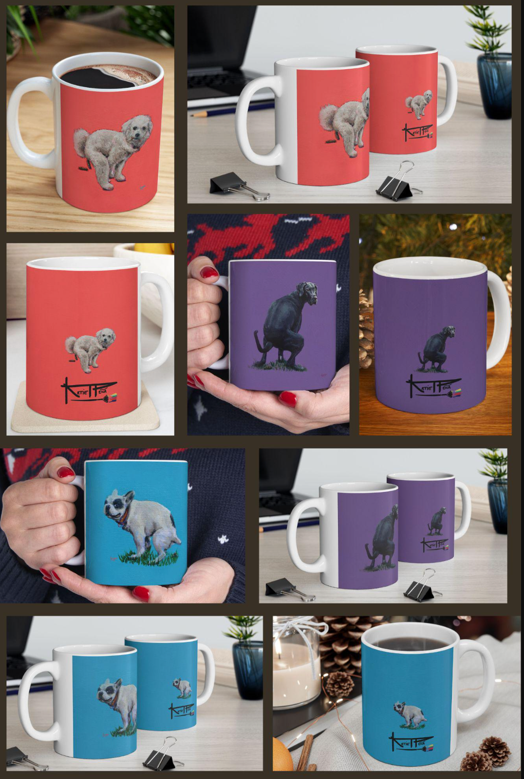 Funny Pooping Dog Coffee Mugs with Great Dane, Bichon Frisé, and Frenchie by Raleigh Artist Katie Peña