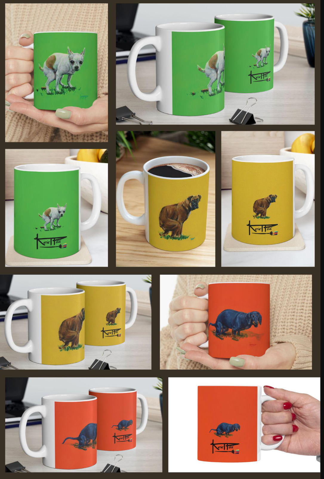 Funny Pooping Dog Coffee Mugs with Chihuahua, Dachshund (Wiener), and Boxer by Raleigh Artist Katie Peña