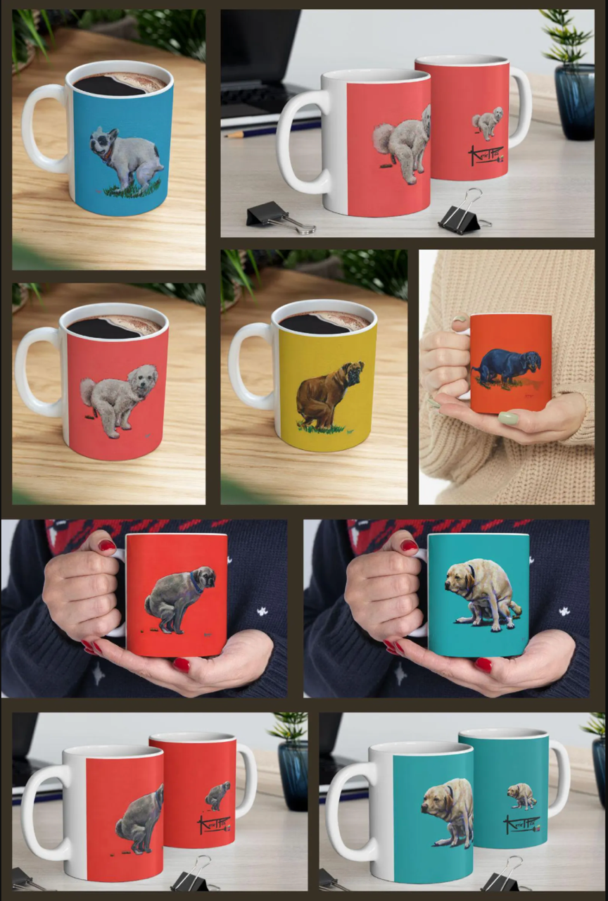 Funny Pooping Dog Coffee Mugs with Dachshund (Wiener), Boxer, Lab, Pug, Bichon Frisé, and Frenchie by Raleigh Artist Katie Peña