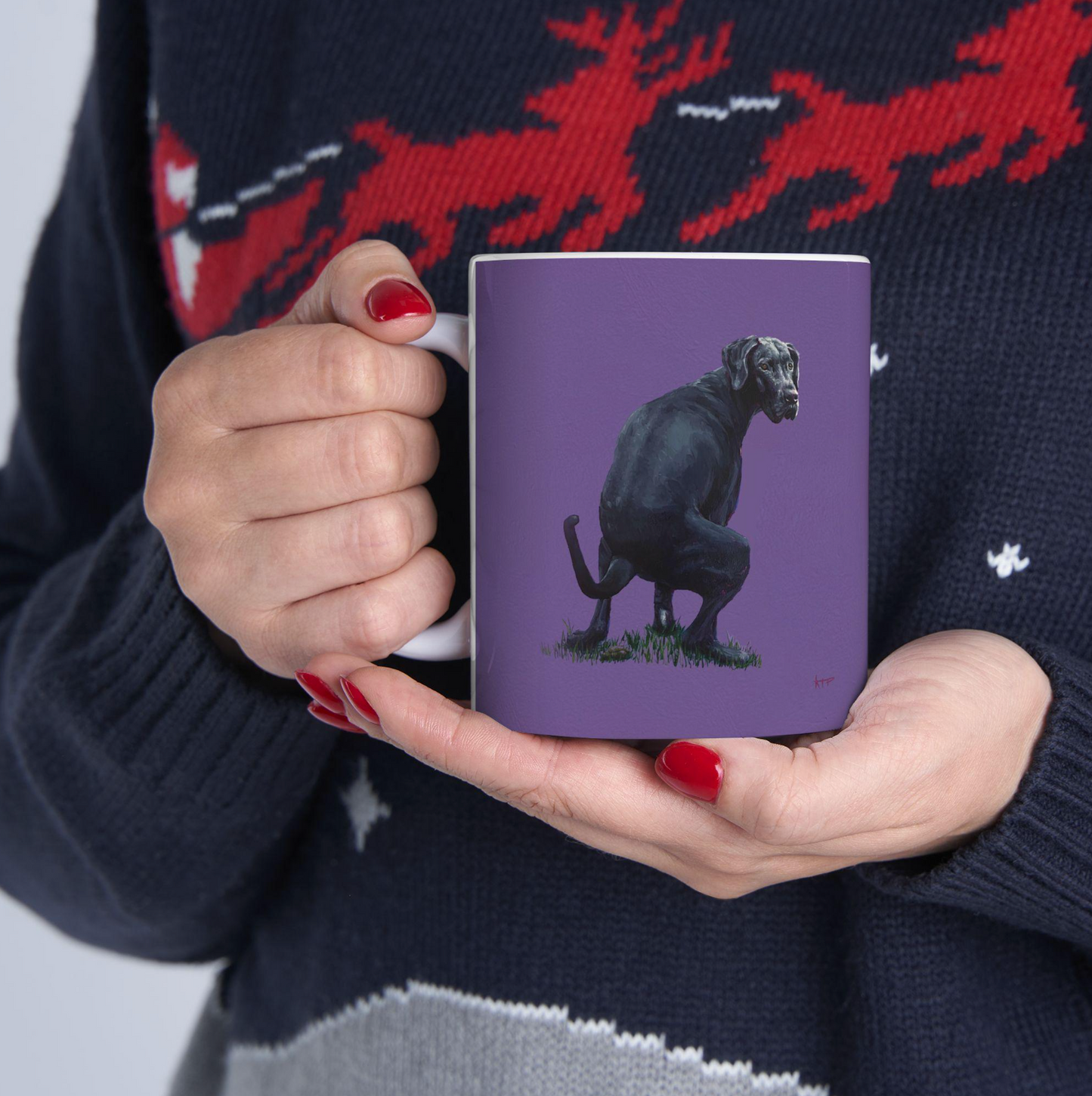 Funny Pooping Great Dane Dog Coffee Mug Purple by Raleigh Artist Katie Peña
