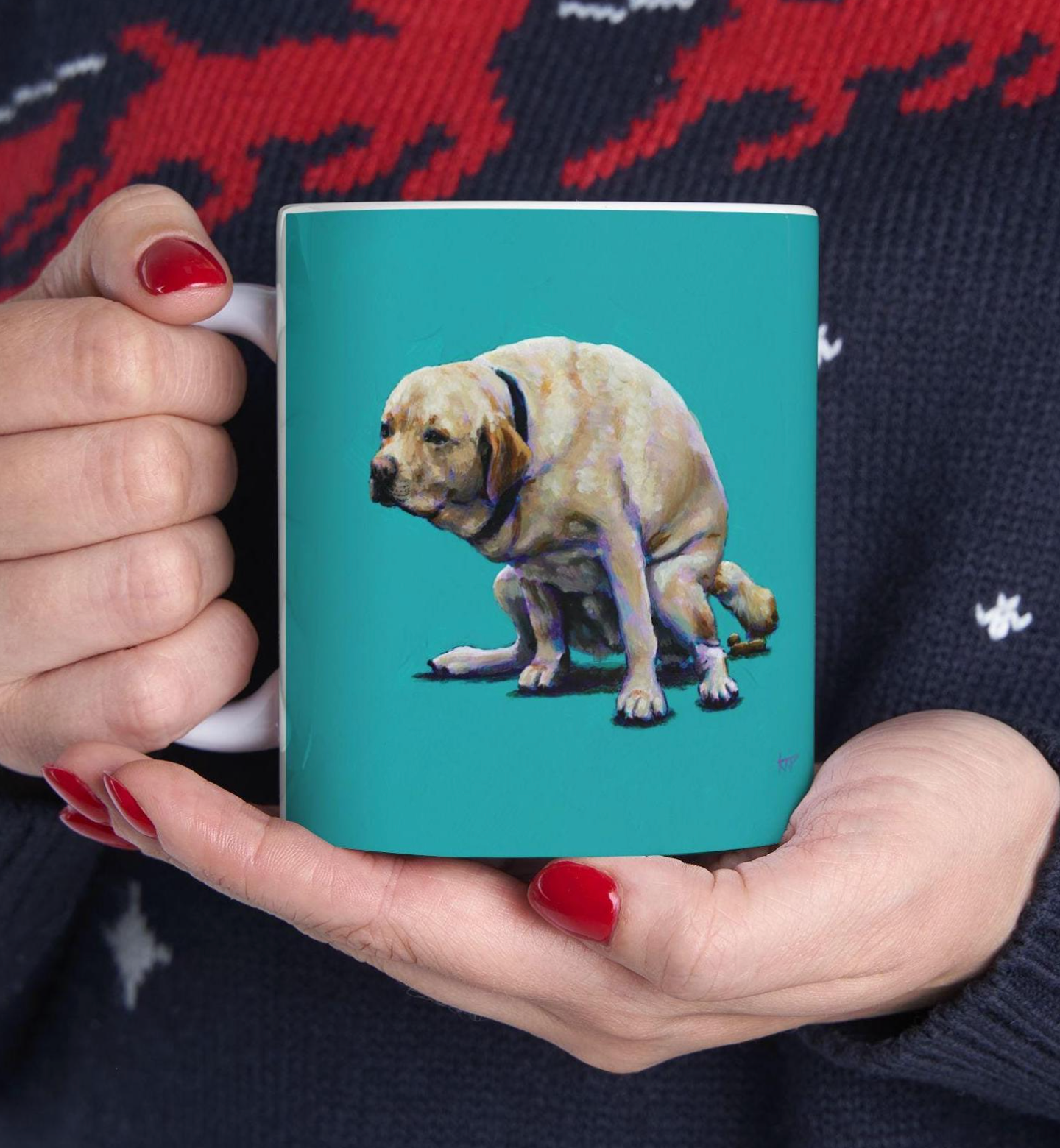 Funny Pooping Lab Dog Coffee Mug by Raleigh Artist Katie Pena