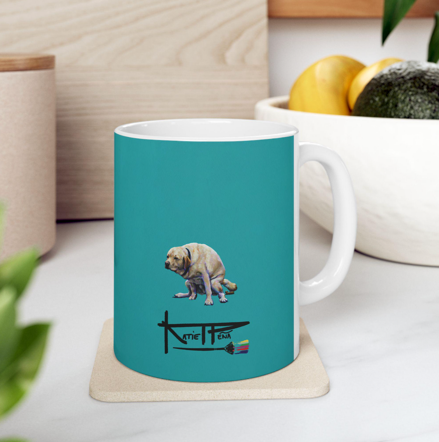 Reverse of Funny Pooping Lab Dog Coffee Mug by Raleigh Artist Katie Pena with Logo